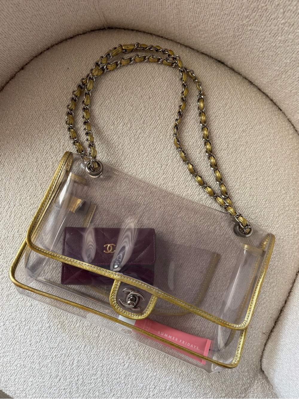 CHANEL Clear PVC Shoulder Bag with Gold Trim and Chain
